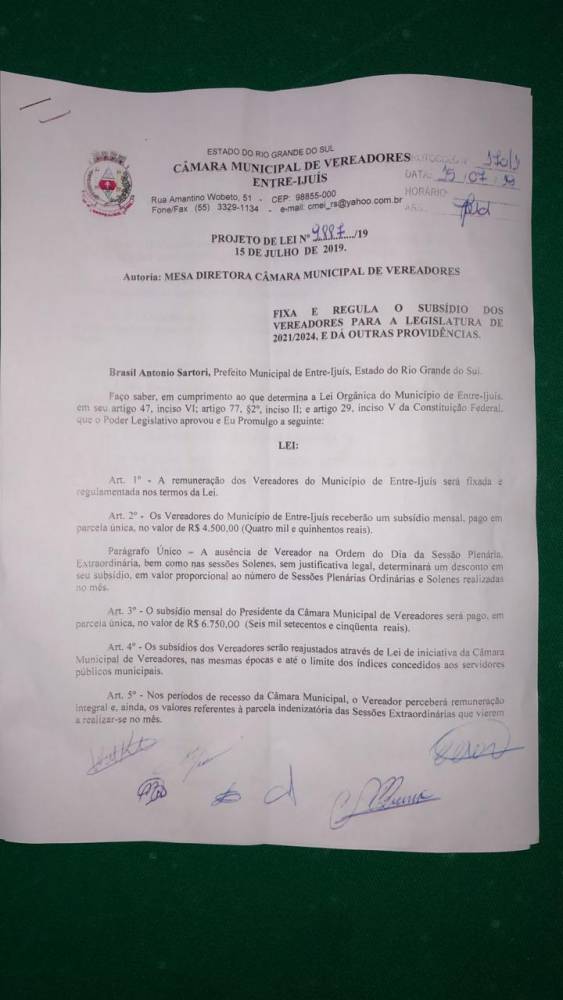 Vereadores de Entre-Ijuis votaram pela redução de salários