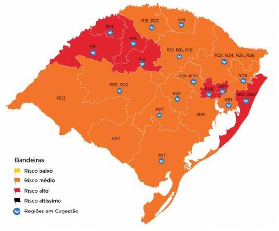 Porto Alegre fica em bandeira laranja, e RS tem sete regiões com alto risco para coronavírus