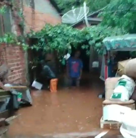 Casas no bairro São Francisco ficam alagadas durante a chuva deste domingo