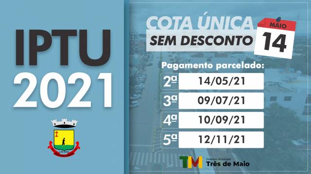 Pagamento do IPTU em cota única termina no sábado em Três de Maio