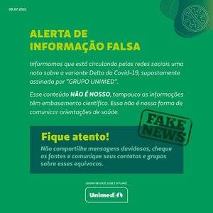 É falsa a mensagem assinada como Grupo Unimed alertando sobre a variante Delta