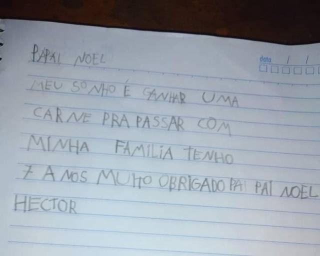 Menino do RS pede carne para a família em carta ao Papai Noel