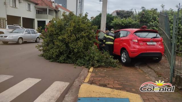 Idosa perde o controle da direção de veículo que bate contra uma árvore e um poste de concreto, em Três de Maio
