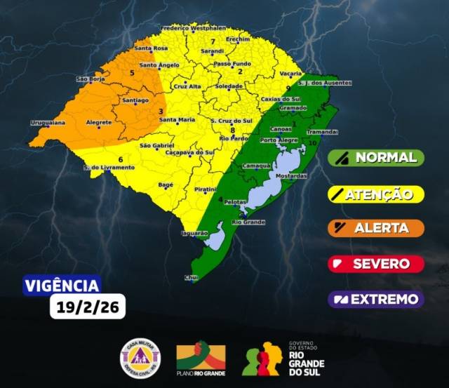 Defesa Civil gaúcha alerta para tempestades nesta quinta-feira