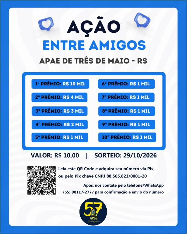 Sorteio de prêmio dos 57 anos da Apae de Três de Maio ocorre nesta quinta-feira